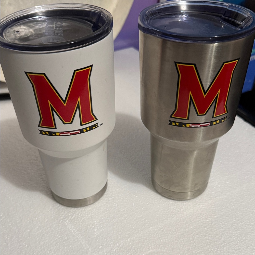 Stainless Steel and White Travel Tumblers with Maryland Logo